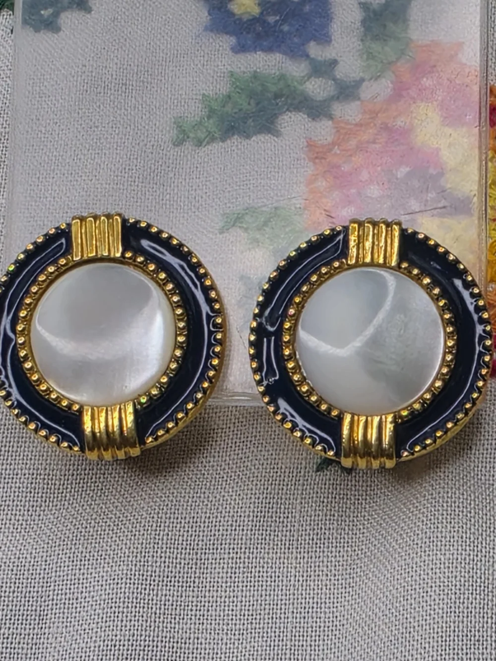 1928 Brand Mother Of Pearl Blue Enamel Golden Clip Earrings